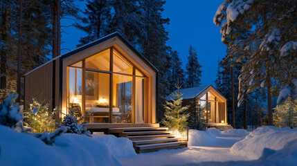 Small eco-cabins glowing warmly in snowy forest landscape, powered by solar panels and wind turbines, emotion of peace and retreat visible, representing sustainable tourism, green architecture, and