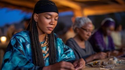 A multicultural circle of elders sitting at a long table, teaching younger generations ancestral crafts like weaving, calligraphy, and beadwork — intergenerational heritage preservation, cultural