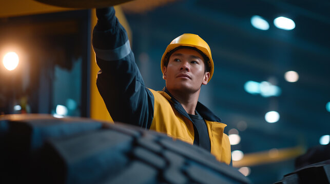 A worker in a warehouse guiding a robotic arm that lifts and sorts large industrial tires, automated inventory systems running in the background — heavy-duty tire logistics, automation, and