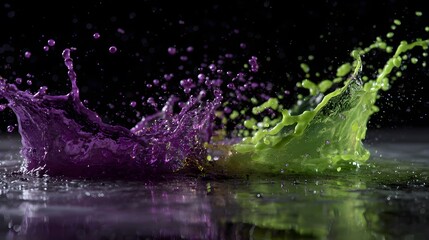 Vibrant purple and lime liquid splashes collide dramatically against a dark background