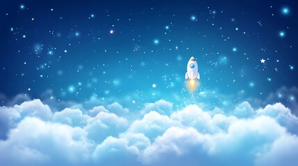 Small White Rocket Launching Into Starry Blue Night Sky Above Soft Clouds