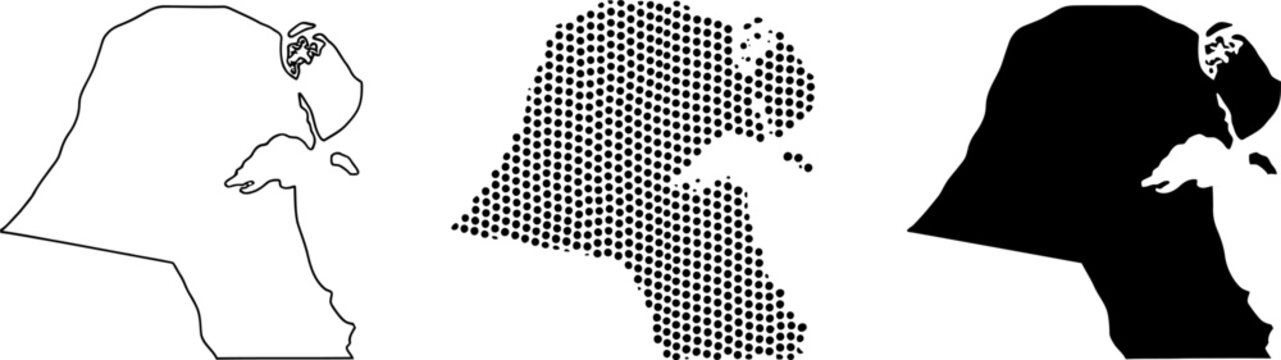 Kuwait Map Outline, Dot Pattern, and Silhouette Set