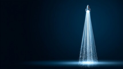 Small White Rocket Launching with Bright Blue Light Trails on Dark Background