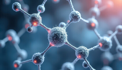 A close-up of interconnected molecules with textured surfaces and glowing nodes on a soft-focus blue background.