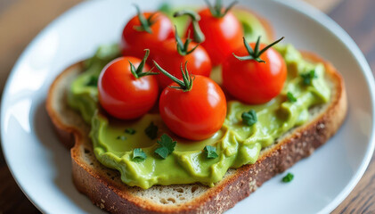 Toasted bread topped with a creamy green spread, cherry tomatoes, and fresh herbs.