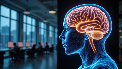 A glowing abstract representation of a human brain in blue and orange is presented against a blurred office background with computer workstations.