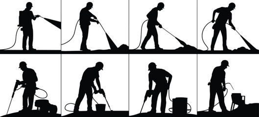 Industrial cleaning worker silhouettes, pressure washing equipment operators, surface sanitation process, construction maintenance crew activities, black vector illustration for commercial use