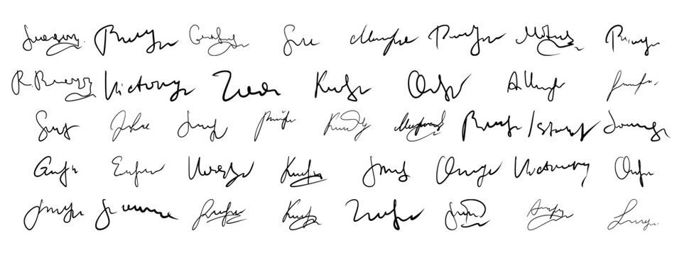Fake signatures variety set. Collection of fictitious handwritten autographs and imitation signs.