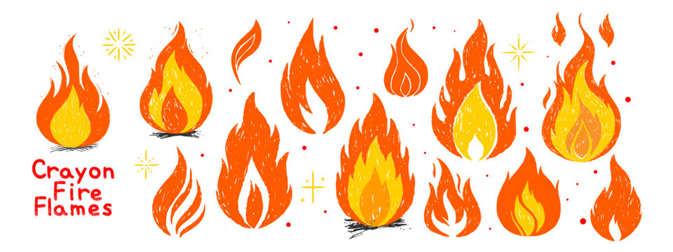Grunge crayon fire flames collection. Hand drawn doodle flame set with texture