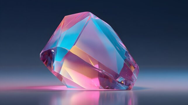Faceted crystal formation reflects vibrant neon illumination on a smooth surface