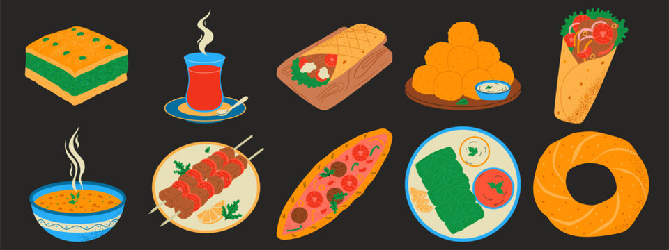 Turkish cuisine traditional set. National food dishes. Baklava, doner kebab, shawarma, kebab, tea, dolma, pide, fried carrot balls, lentil soup