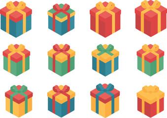 Isometric colorful gift box vector set with ribbon bows, modern flat present icons for Christmas, birthday, holiday celebration design use