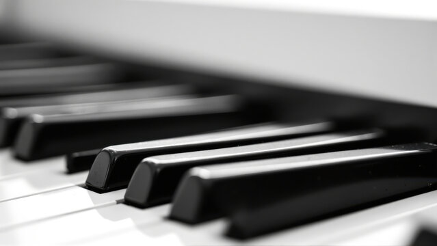 A close-up of piano keys showcases the contrast between black and white keys, emphasizing tactile details and textures for a classic feel.