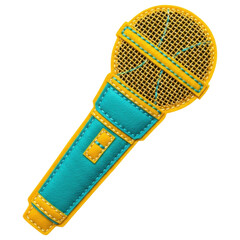 Stylized teal and yellow microphone icon rendered in a fun embroidered fabric style on transparent background