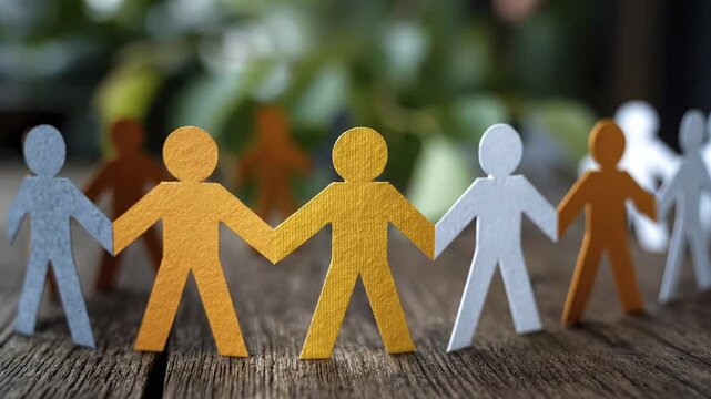 A chain of multi-colored paper cutout figures stands holding hands in a circle on a rustic wooden surface with a blurred green background