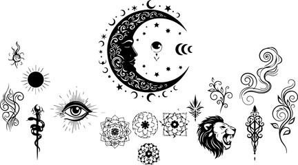 Mystic Celestial Ornament Bundle | Moon, Mandala & Tribal Tattoo Elements