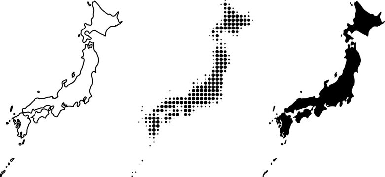 Japan Map Outline Silhouette Dotted Halftone Vector Set