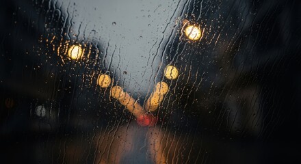 Rain streaks distorting view of blurry yellow car lights at night