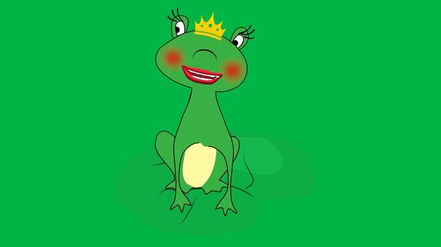 Cute green frog wearing crown sitting and blinking on green screen chromakey background. Lovely 2D animated cartoon animation for fairy tales, kids stories, royal themes, or educational content.