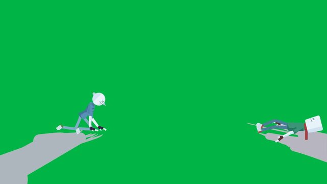 Golf player swinging club and hitting ball on green screen chromakey background. Clean 2D animated cartoon animation for sports videos, golf tutorials, leisure content, or advertising.