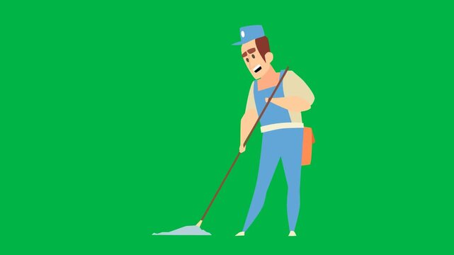 Casual man mopping floor with mop on green screen chromakey background. Useful 2D animated cartoon animation for cleaning service ads, housework, hygiene tutorials, or household chore videos.