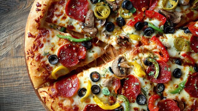 Top View of Gourmet Pizza Cheese, Vegetables, and Meats