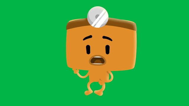 Happy brown toast character with timer on head standing on green screen chromakey background. Funny 2D animated cartoon animation for breakfast, food, kitchen, or time management videos.