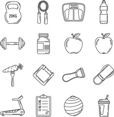 Set of Fitness, Health, and Exercise Equipment Line Art Icons Vector Illustration - Gym and Wellness Outline Graphic