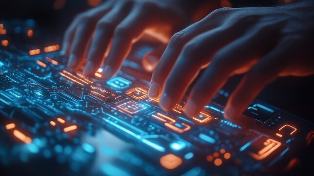Futuristic keyboard, hands typing, night, glowing keys, data entry - Powered by Adobe