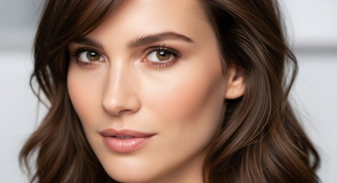 Close-up portrait of a young woman with flawless skin and expressive