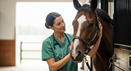 Professional veterinary care — female vet examining brown horse with stethoscope, stable environment concept