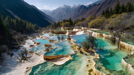 Scenic Natural Landscape of Colorful Waterfalls in Mountain Valley