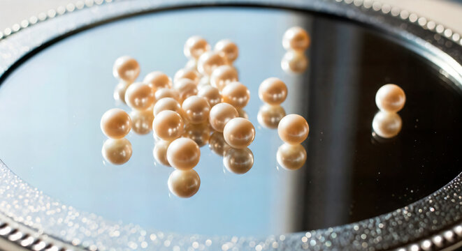 Luxury pearl arrangement — white pearls scattered on round mirror tray, reflective surface and selective focus