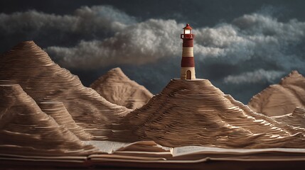 Miniature Paper Landscape with Lighthouse Surrounded by Mountainous Ridges and Dramatic Cloudy Sky