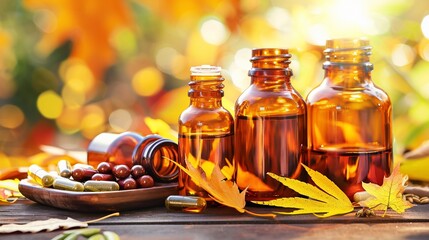 Amber glass bottles of supplements sit with wooden bowl of pills against fall foliage