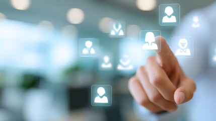 Human finger interacts with digital user interface displaying profile icons in a modern office setting