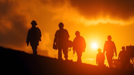 Fototapeta premium Group of construction workers in safety helmets walk across a slight incline against a brilliant orange sunset