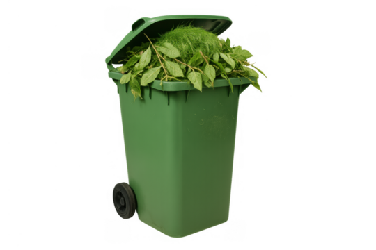 Green bin overflowing with garden waste: yard trimmings, leaves, branches for composting and recycling on transparent background