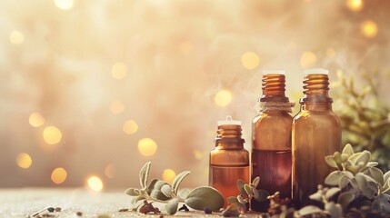 Amber glass bottles of essential oils with plants and soft bokeh background