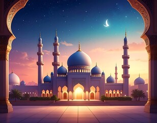 A serene mosque at dusk with illuminated archway and starry sky