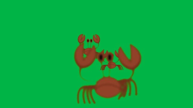 Red crab walking sideways with big claws on green screen chromakey background. Funny 2D animated cartoon animation great for ocean life, beach scenes, seafood, or zodiac cancer sign videos.