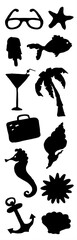 Summer Holiday and Beach Vacation Black Silhouette Vector Icon Set: Sunglasses, Starfish, Palm Tree, Cocktail, Seahorse, Anchor, and Tropical Elements