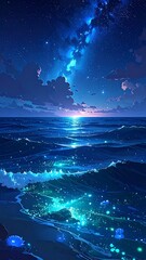 A serene ocean scene under a starlit night
