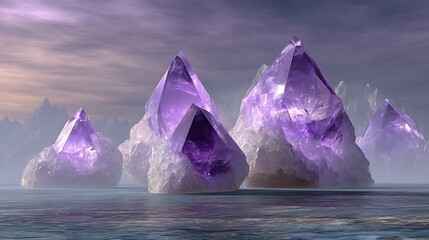 Purple Icebergs Floating in Calm Ocean Under Dramatic Sky