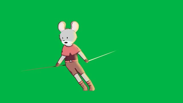 Cute mouse riding pencil like surfboard on green screen chromakey background. Playful 2D animated cartoon animation perfect for school, creativity, kids content, or fun educational videos.