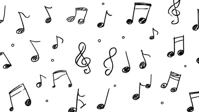 Black and white hand drawn musical notes on a white background