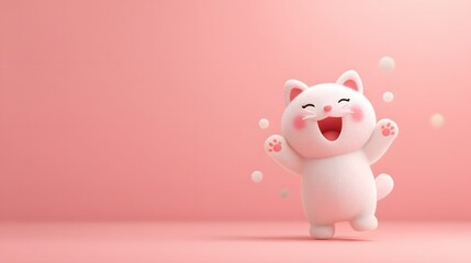 Delightful fluffy white feline character stands with arms raised against a soft pink background