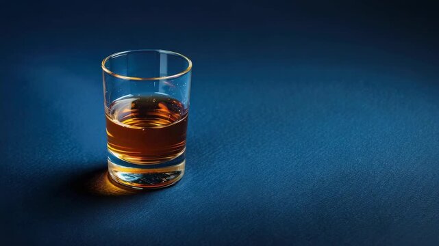 Glass of neat amber liquid on blue background