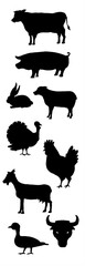 Farm Animals Black Silhouette Set: Cow, Pig, Sheep, Goat, Chicken, Turkey, Rabbit, Duck, and Bull Head Collection for Agriculture and Livestock Design