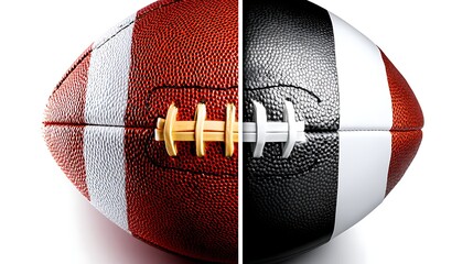 Split Color American Football Ball with Red White and Black White Panels on White Background